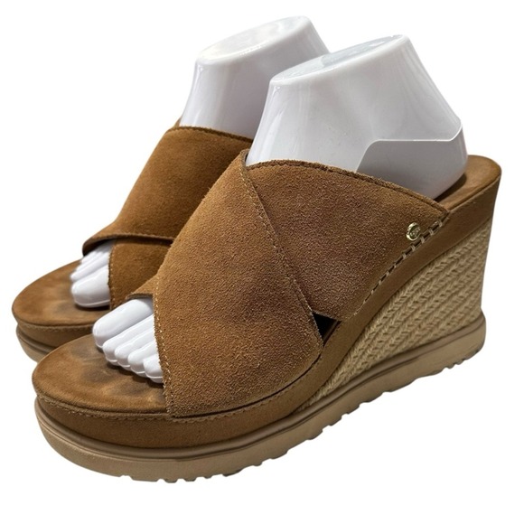 UGG Abbott Slide Platform Sandals Women's 10 Brown Suede Leather‎ Wedge - Picture 5 of 9